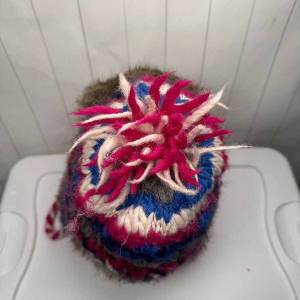 Y2K American Eagle Wool/Alpaca Knit Trapper Hat Faux Fur Trim Ski‎ Snow Winter